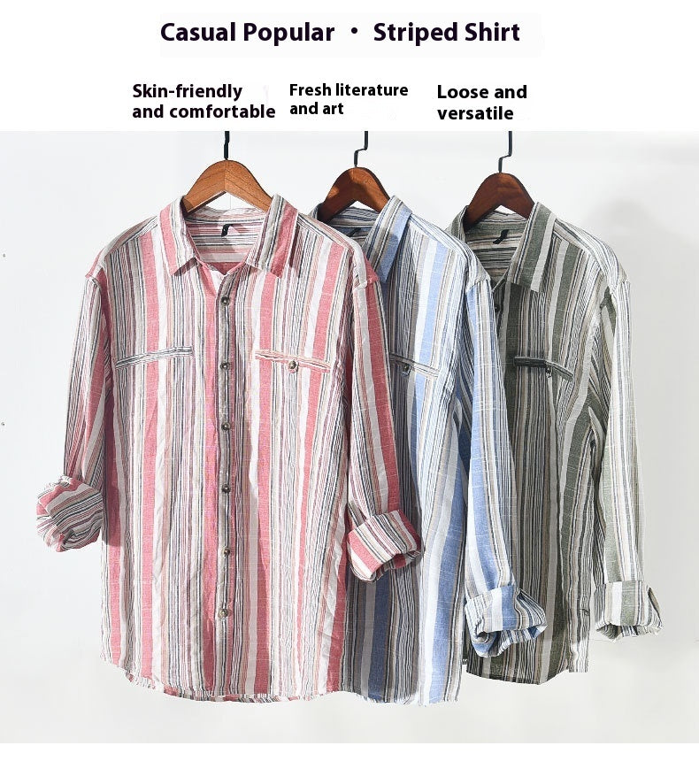 Fashion Striped Long Sleeves Shirt Men's Cotton And Linen