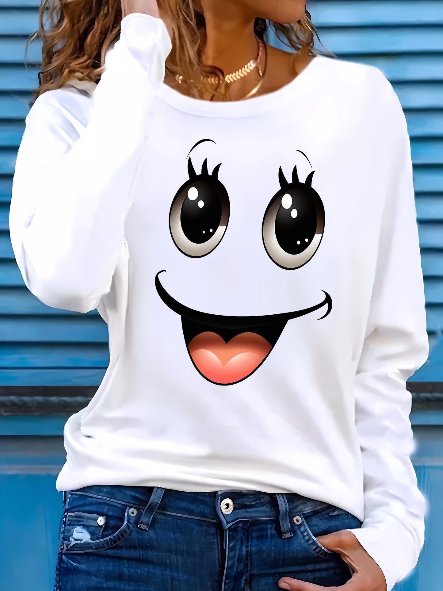 3D Smile Pattern Printed T-Shirt, Casual Round Neck Long Sleeve Top, Women'S Clothing for Spring, Autumn, And Winter.