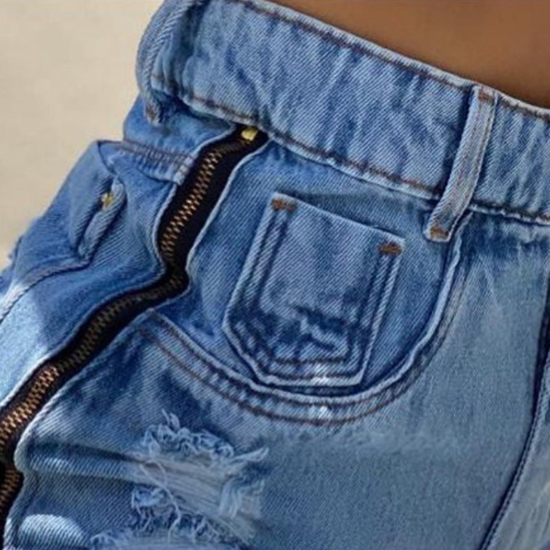 Light Blue Side Zipper Decorations Ripped High Waist Denim Shorts