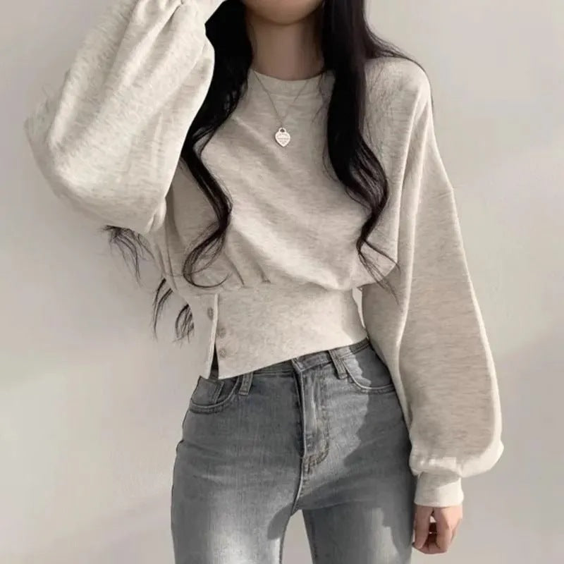 Autumn Crew Neck Button Long Sleeve Short Pullover Sweatshirt Top For Women