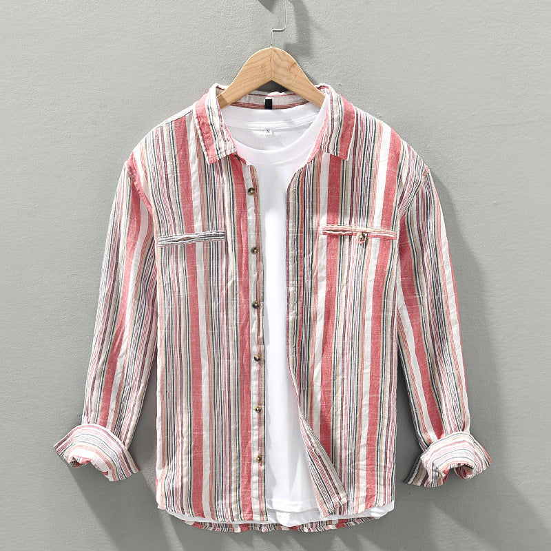 Fashion Striped Long Sleeves Shirt Men's Cotton And Linen