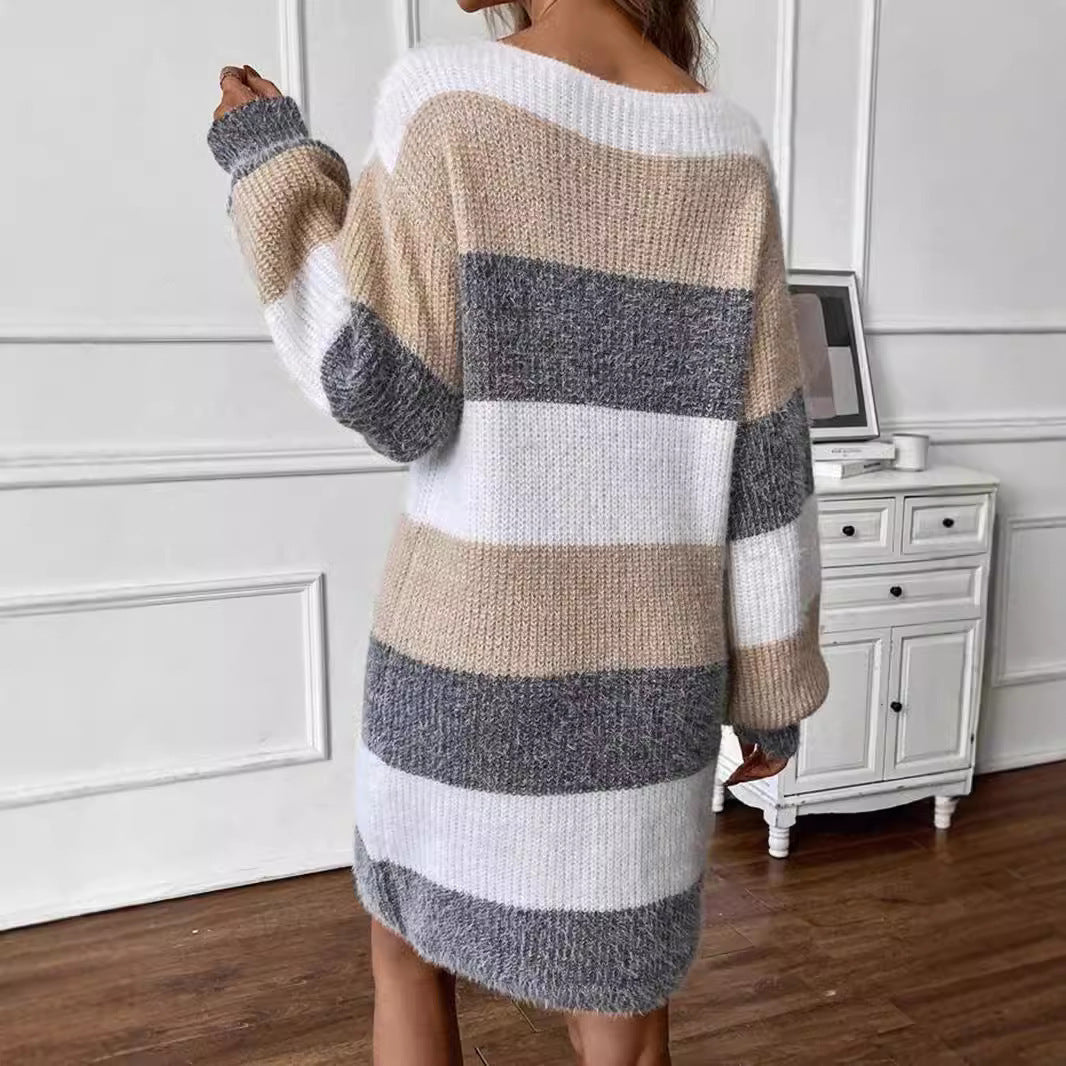 Women's Versatile Contrast Color Striped Dress Sweater