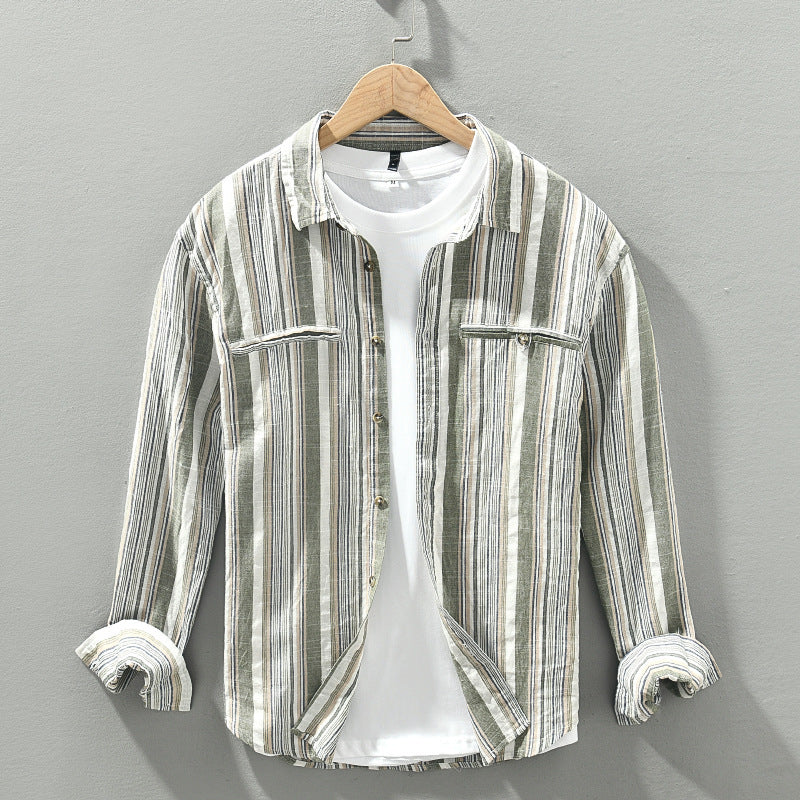 Fashion Striped Long Sleeves Shirt Men's Cotton And Linen