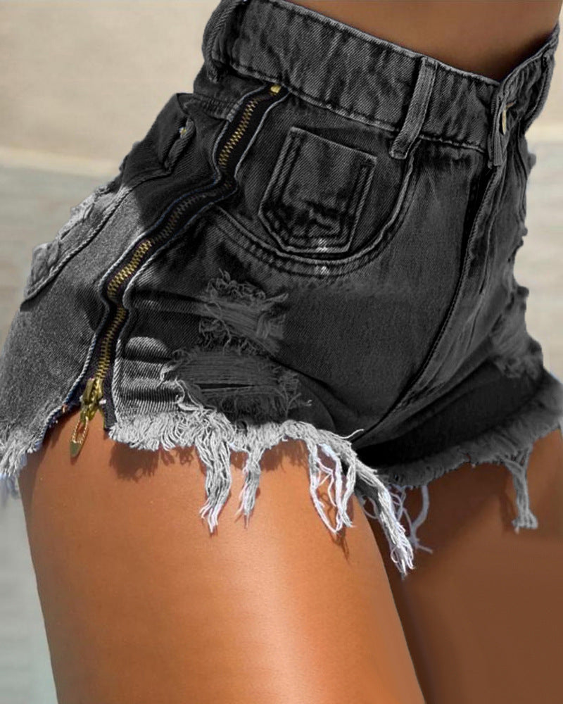 Light Blue Side Zipper Decorations Ripped High Waist Denim Shorts